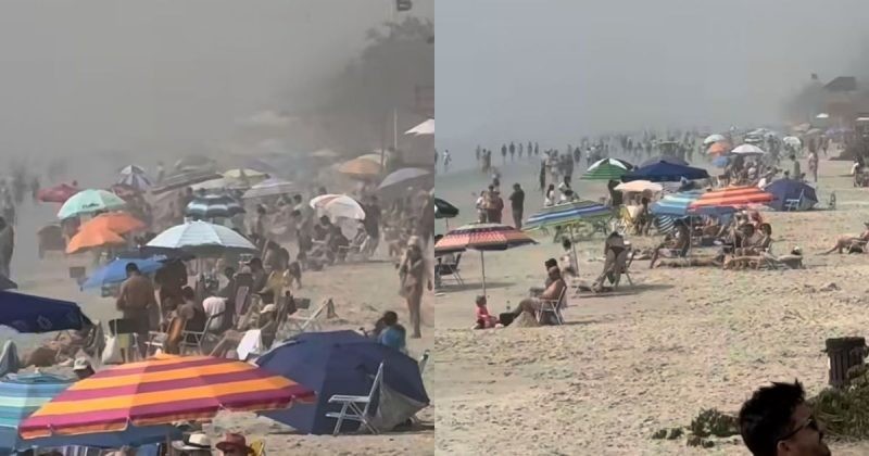 Duas fotos jornalísticas de praias esfumaçadas e lotadas de banhistas