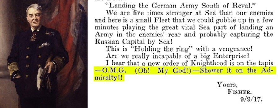 Retrato do Almirante Fischer e fragmento de transcrição da sua carta ao futuro primeiro-ministro britânico Churchill
