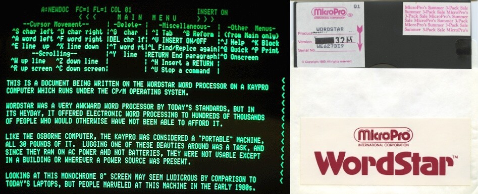 Disquete e tela do Wordstar rodando em um computador com CP/M. Apesar do texto não mostrar, o menu demonstra que esse computador tinha suporte a letras minúsculas.