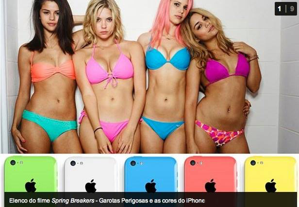 Foto promocional do filme Spring Breakers, com as personagens vestidas em biquinis com cores vivas e tropicais, e associadas a cores de modelos de iPhone