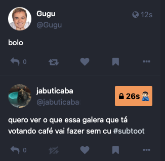 @jabuticaba pergunta: “quero ver o que essa galera que tá votando café vai fazer sem cu”<br><br>@gugu responde: “bolo”