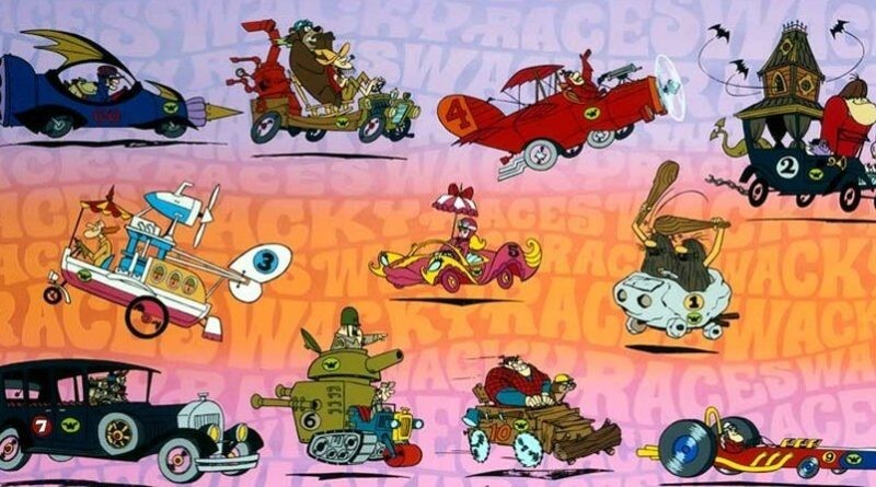 Os personagens e veículos da Corrida Maluca, com a Penélope ao centro