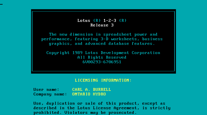 Tela de abertura do Lotus 1-2-3 3.0, em 1989