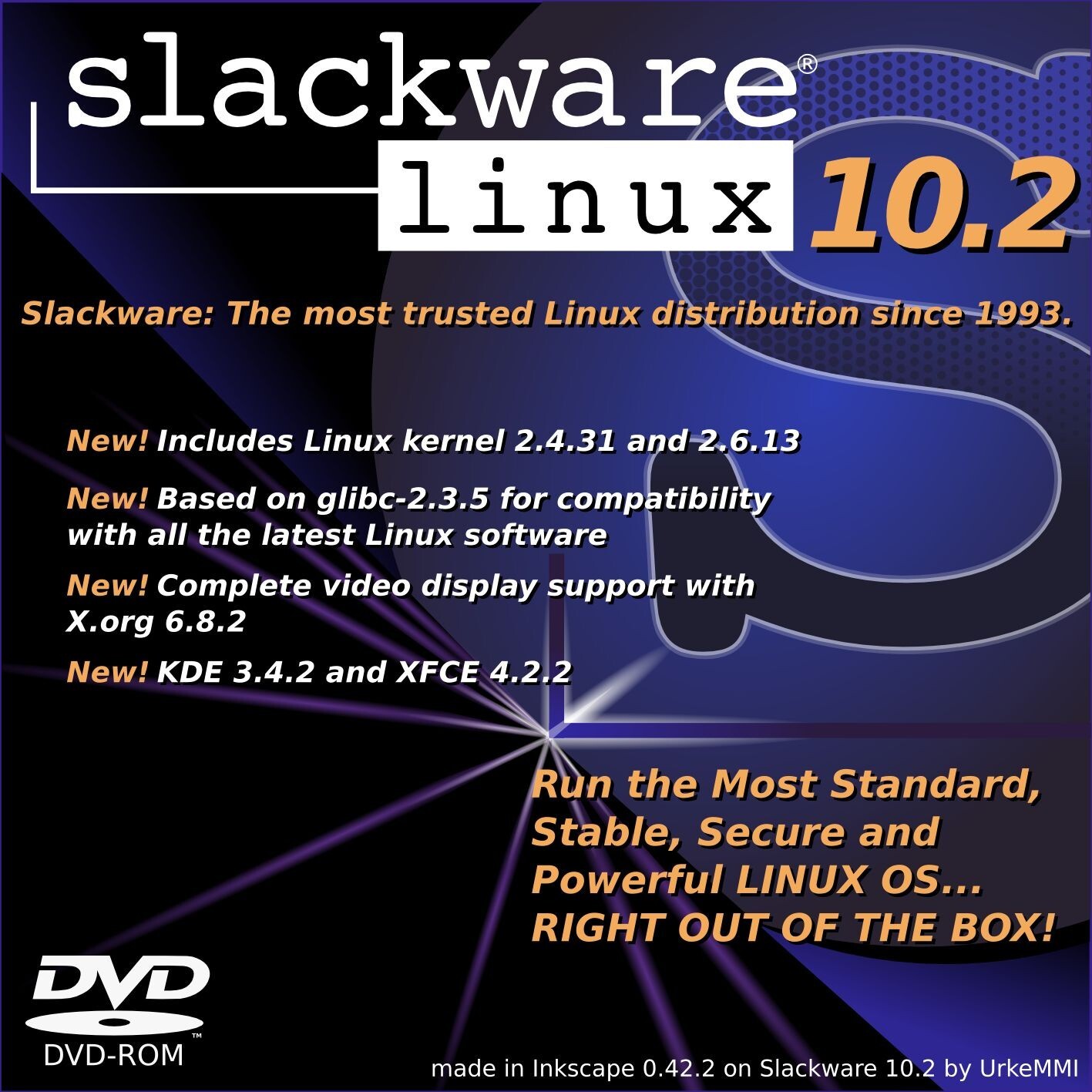 Capa de DVD do Slackware 10.3, com o título: <br><br>Slackware, the most trusted Linux distribution since 1993