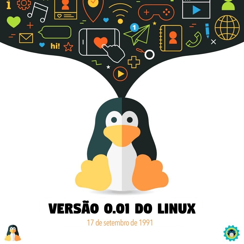 Grafismo de um pinguim cheio de ideias, e o texto: versão 0.01 do Linux, 17 de setembro de 1991