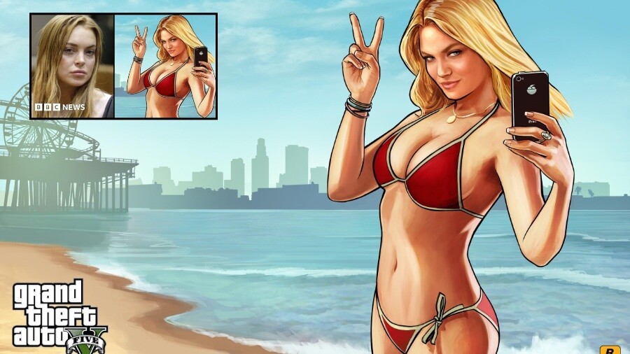 Tela de abertura do GTA V com a personagem, de biquini vermelho e tirando uma selfie, que Lindsay Lohan associou a si.
