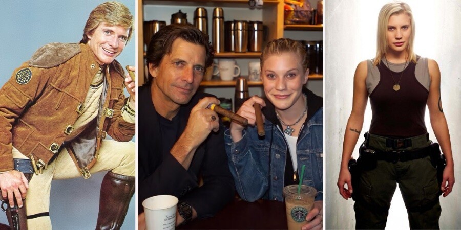 As duas versões do personagem Starbuck, e os atores de ambas, reunidos. Em 1978 era um homem, e no século XXI, uma mulher.