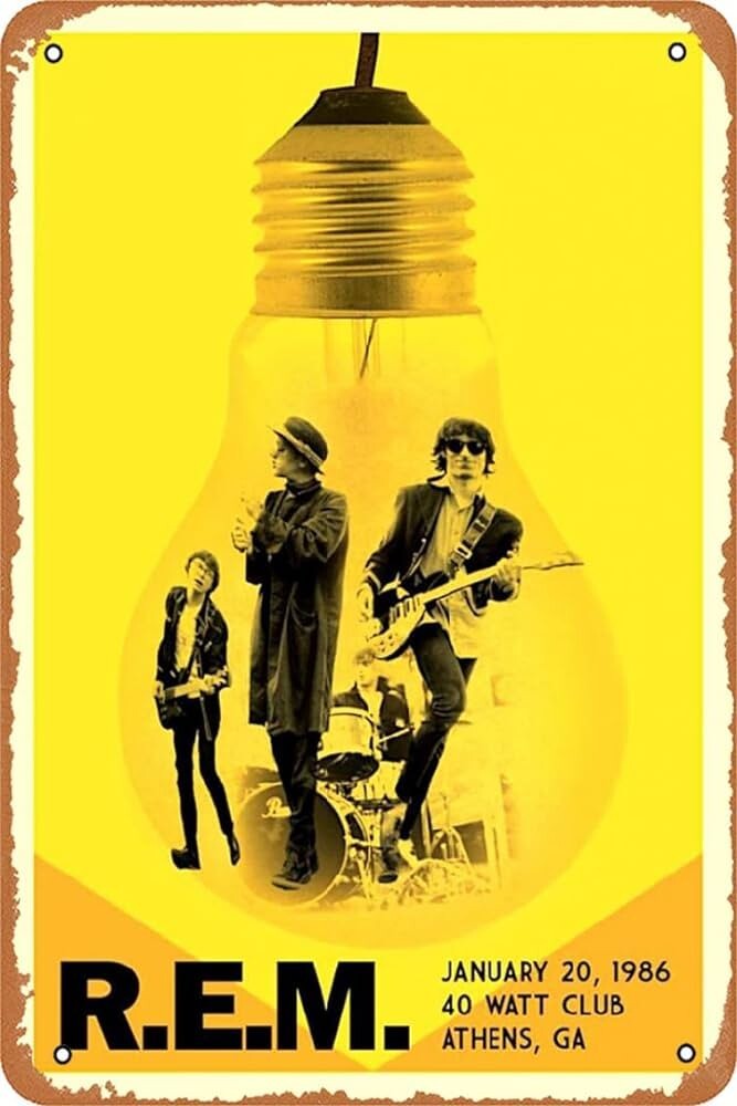 Cartaz de show do R. E. M. na Georgia (EUA) em janeiro de 1986, com foto da banda dentro de uma lâmpada, em tons amarelos
