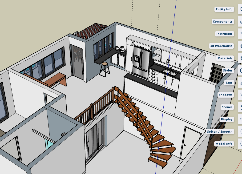 Print do aplicativo Sketchup mostrando o desenho 3D de uma casa de 2 andares. Está parcialmente visível o interior, com uma escada levando do primeiro andar em plano aberto para o segundo andar, onde se vê a cozinha e partes da suíte.