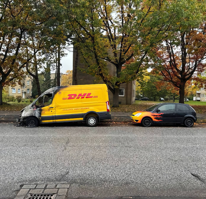 Estacionados lado a lado, um furgão com a parte da frente parcialmente consumida por um incêndio, e um carro de pequeno porte com a parte da frente pintada em formato de chamas
