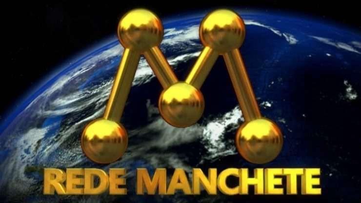 Logo clássico da Rede Manchete com o planeta Terra ao fundo