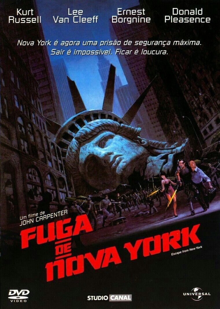 Cartaz do filme Fuga de Nova York, com Snake resgatando o presidente dos EUA, tendo ao fundo a cabeça da estátua da liberdade.