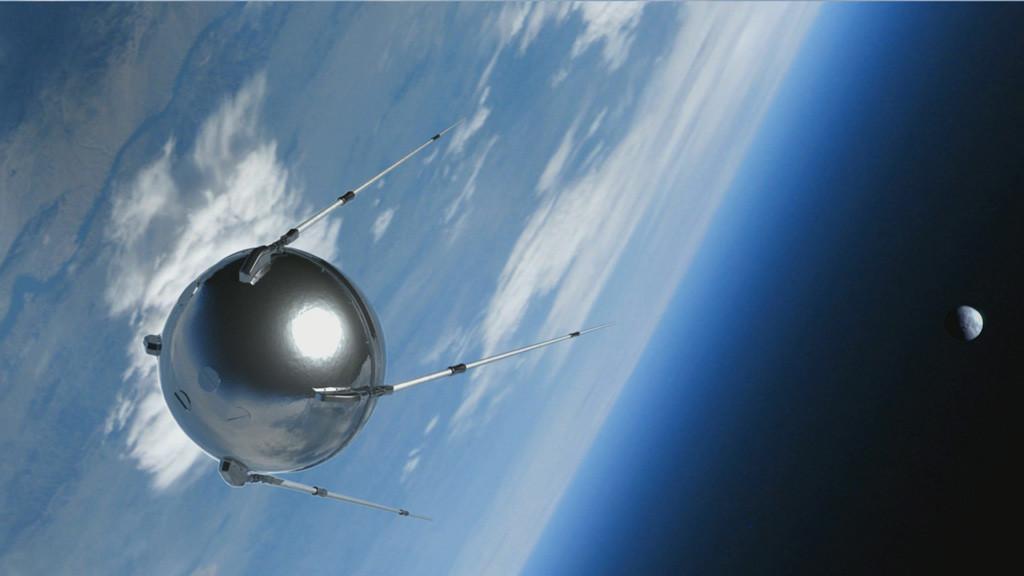 Visão artística do Sputnik em órbita da Terra, com a Lua ao fundo