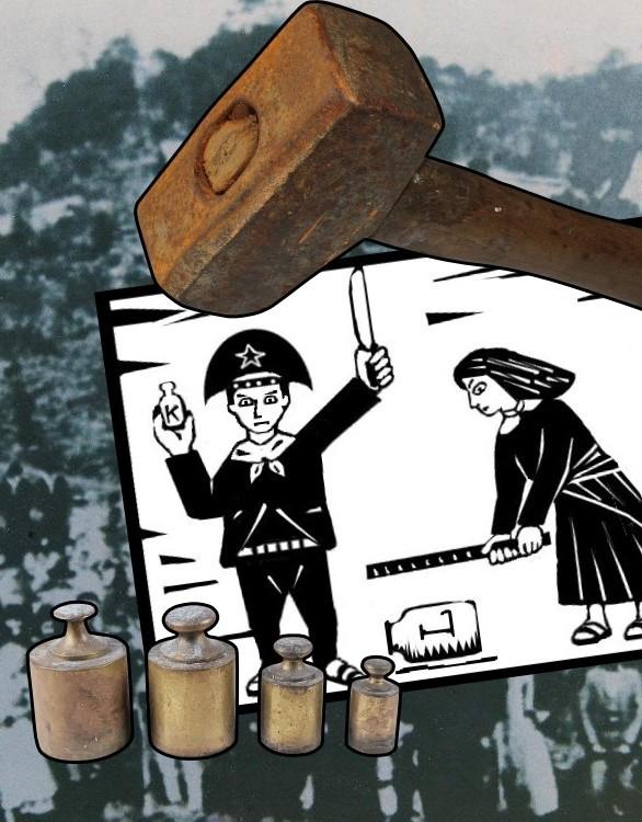 Marreta e pesos antigos para operação de balanças manuais, sobrepostos a uma capa de cordel sobre a Revolta dos Quebra-Quilos