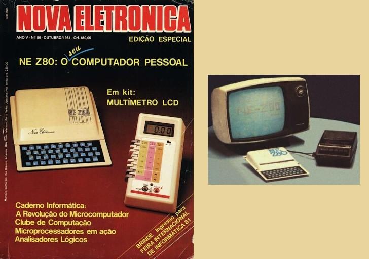 Capa da edição da revista Nova Eletrônica que apresentou o NE Z80, e foto dele conectado a uma TV e a um gravador de fita K7