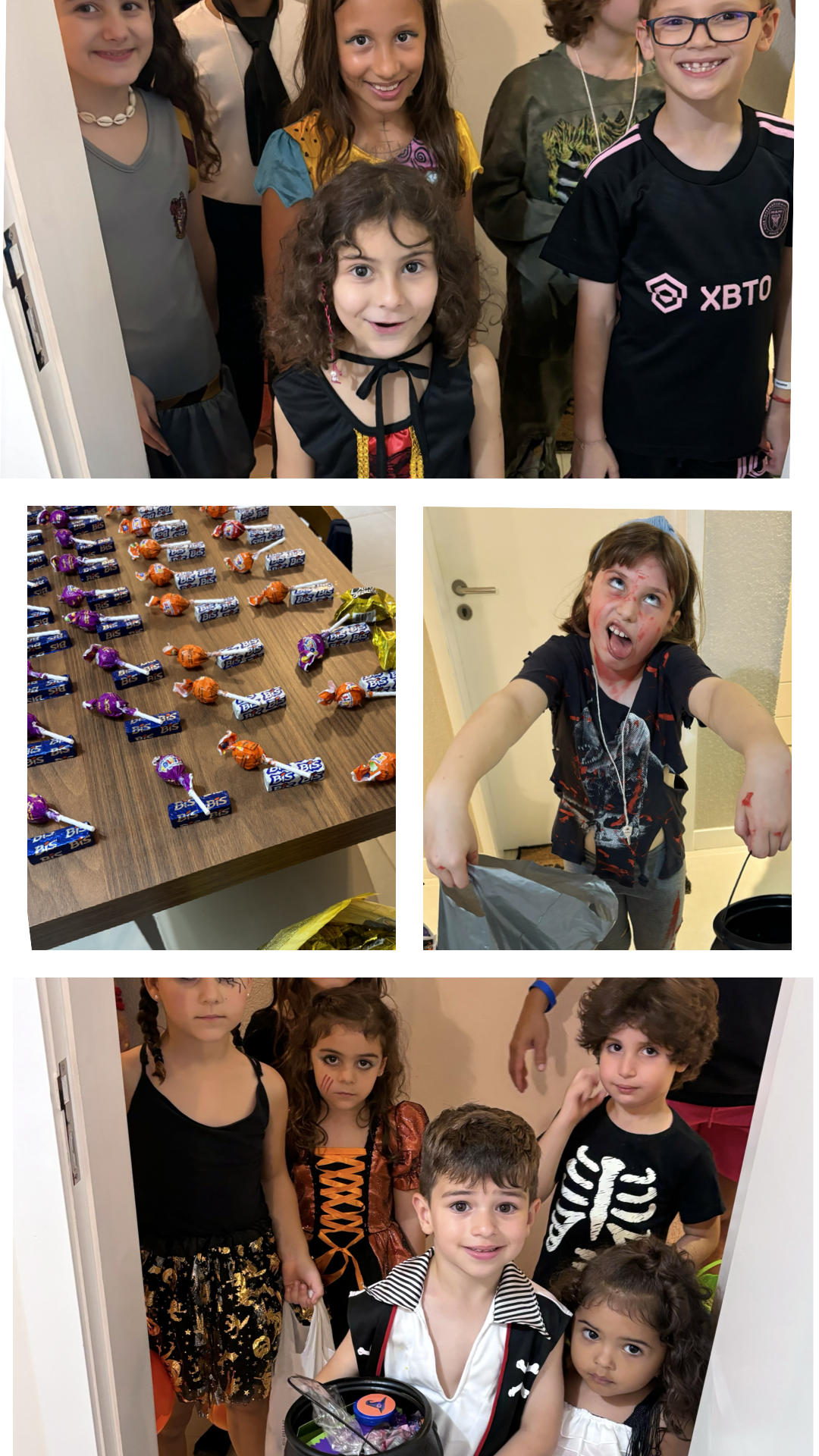 colagem de 4 fotos, sendo duas delas mostrando grupos de 5+ crianças aguardando doces na porta, uma de uma criança em pose caprichada de zumbi, e uma mostrando a montagem de kits de doces para distribuir.
