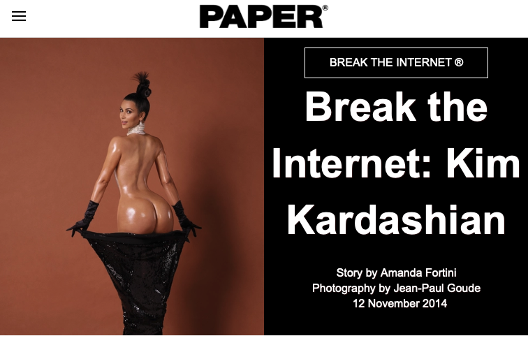 Cabeçalho da versão online do artigo “Break the Internet: Kim Kardashian”, exibindo foto da celebridade nua e de costas, expondo as nádegass e olhando para a câmera.