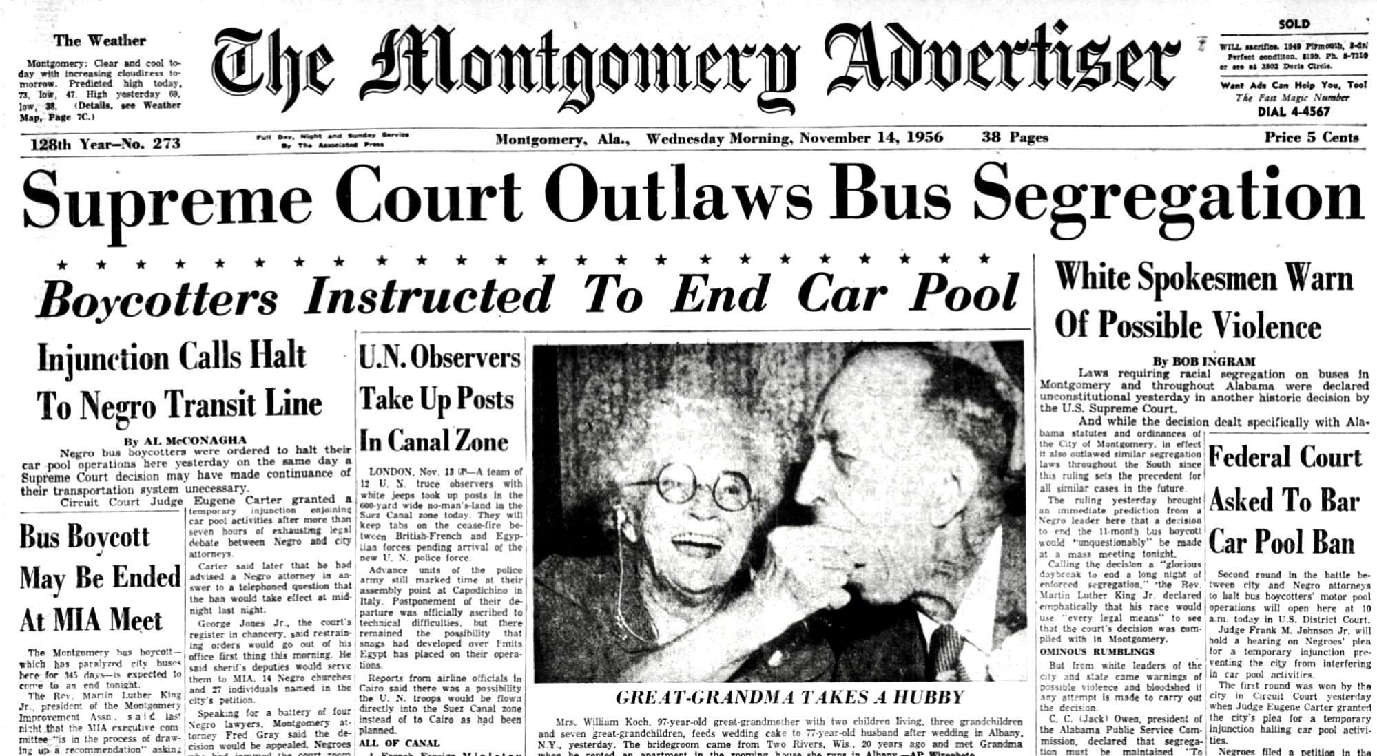 Capa de jornal de Montgomery, Alabama, com a manchete: Supreme Court Outlaws Bus Segregation