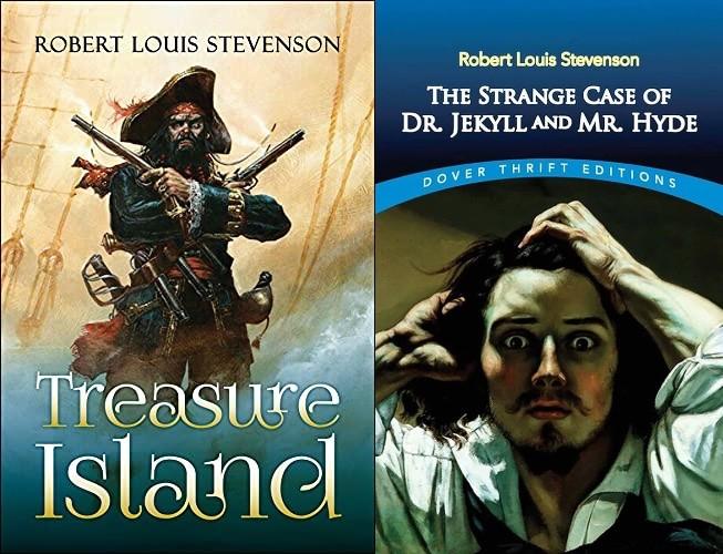 Capas de edições inglês da Ilha do Tesouro e do livro do Dr. Jekyll & Mr. Hyde
