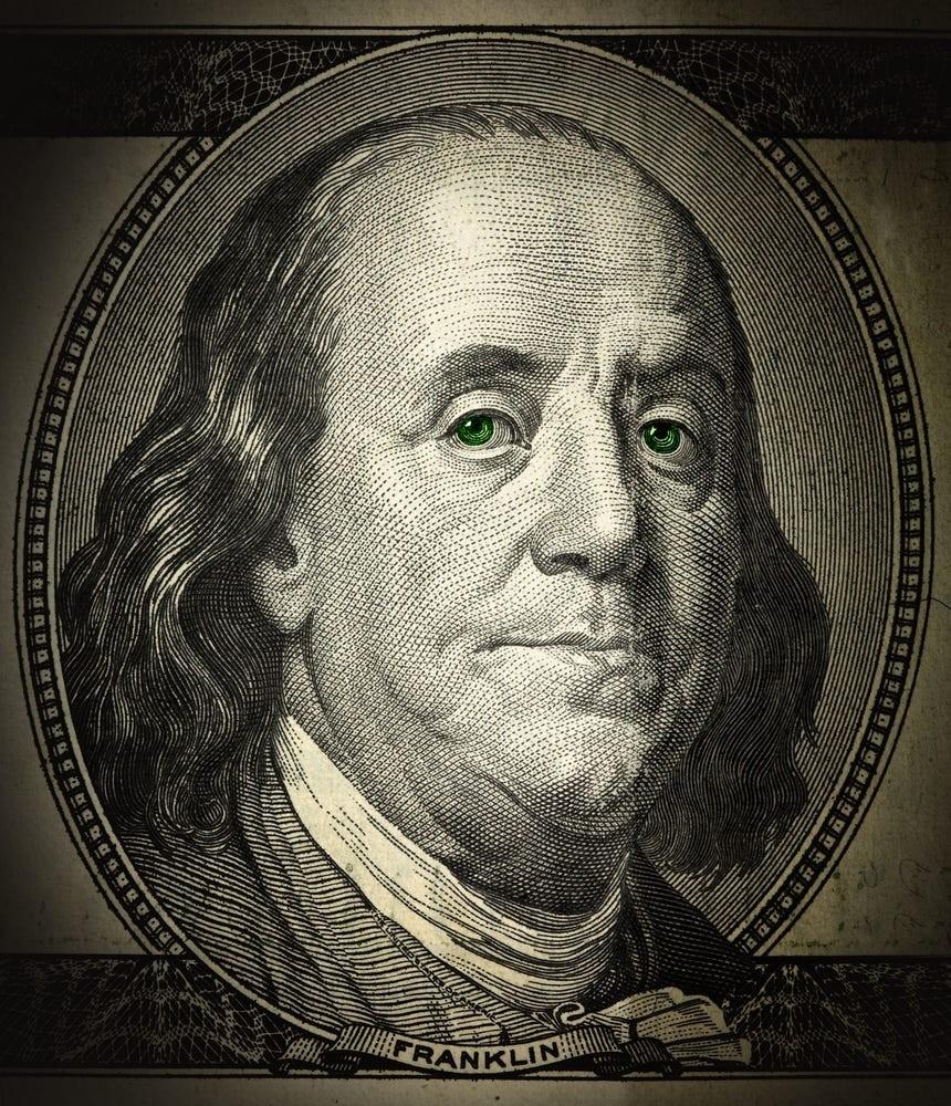Retrato de Benjamin Franklin usado em papel-moeda nos EUA.