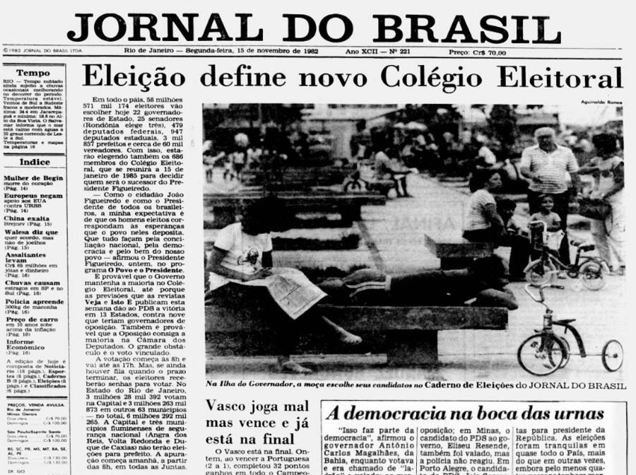 Capa do Jornal do Brasil, de 15 de novembro de 1982, com a manchete: “Eleição define novo Colégio Eleitoral“