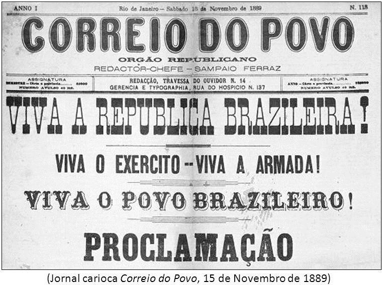 Jornal Correio do Povo, do Rio de Janeiro, datado de 16 de novembro de 1889, com a manchete: Viva a República!