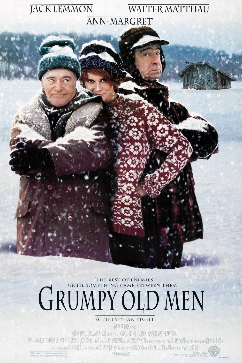 Cartaz do filme Dois Velhos Rabugentos, mostrando os protagonistas vividos por Jack Lemmon e Walter Matthau, e a co-estrela Ann-Margret entre eles, em cenário de neve.