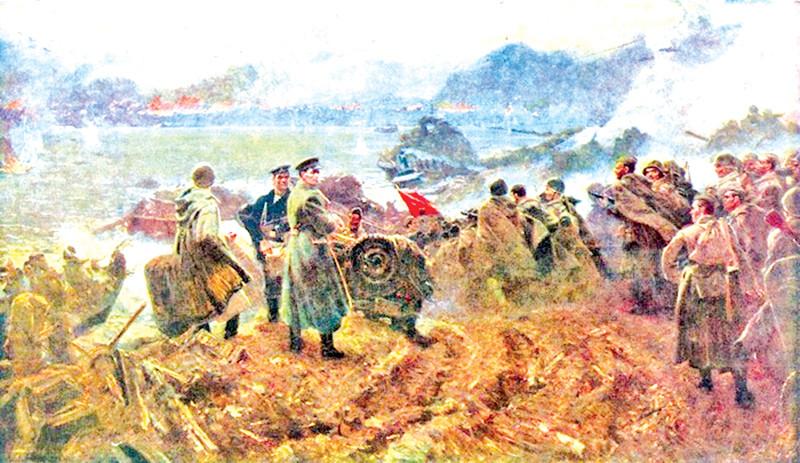 Representação artística, datada de 1945, de soldados soviéticos se preparando para atravessar uma área alagada em Stalingrado durante a Segunda Guerra Mundial.