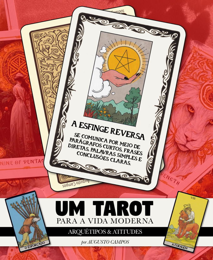 Banner com o título “Um tarot para a vida moderna - arquétipos & atitudes” mostrando uma carta ilustrada por uma mão celestial segurando uma moeda com ua estrela de cinco pontas, e o texto: <br><br>A ESFINGE REVERSA <br><br>SE COMUNICA POR MEIO DE PARAGRAFOS CURTOS. FRASES DIRETAS. PALAVRAS SIMPLES E CONCLUSÕES CLARAS.