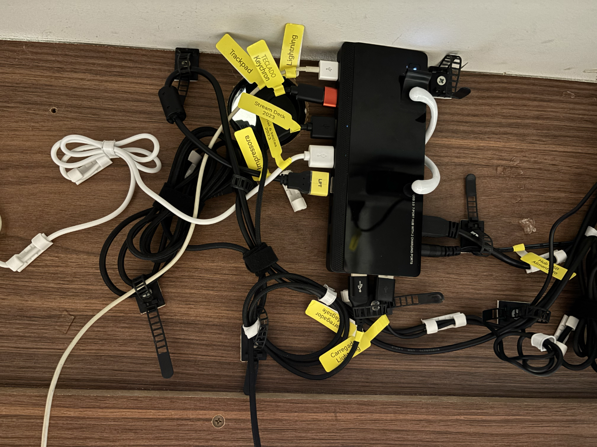 Foto da parte de baixo do tampo da minha mesa de trabalho, mostrando um Hub USB ao qual estão conectados 7 cabos, sendo 5 em uma lateral e 2 em outra. <br><br>Os cabos estão identificados com etiquetas amarelas e descritivos como “Teclado“, “Trackpad“, “Impressora“, etc.
