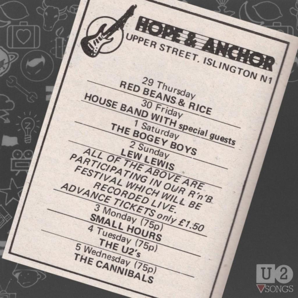 Programação do Hope and Anchor para a virada de novembro para dezembro em 1979, incluindo The U2's no dia 4/12