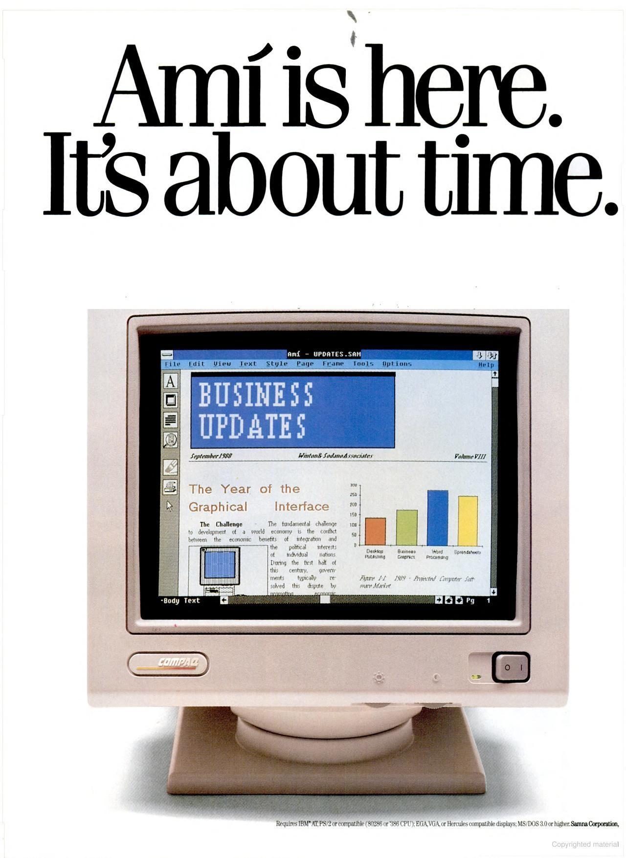 Anúncio do Ami Pro em 1989 com o título“Ami is here. It's about time.“