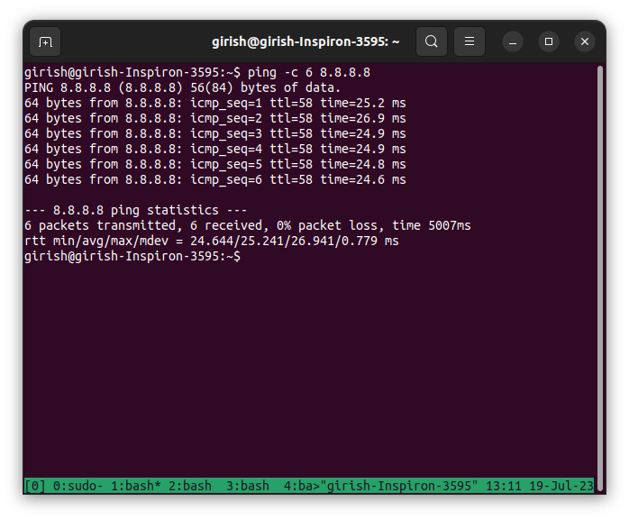 o utilitário ping rodando em um terminal moderno e verificando a conectividade com o servidor DNS de acesso público mantido pelo Google
