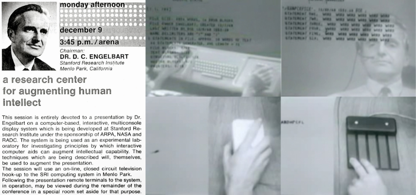 Convite para o evento realizado em 1968 e montagem de 4 fotos das tecnologias demonstradas na ocasião, incluindo mouse e videoconferência