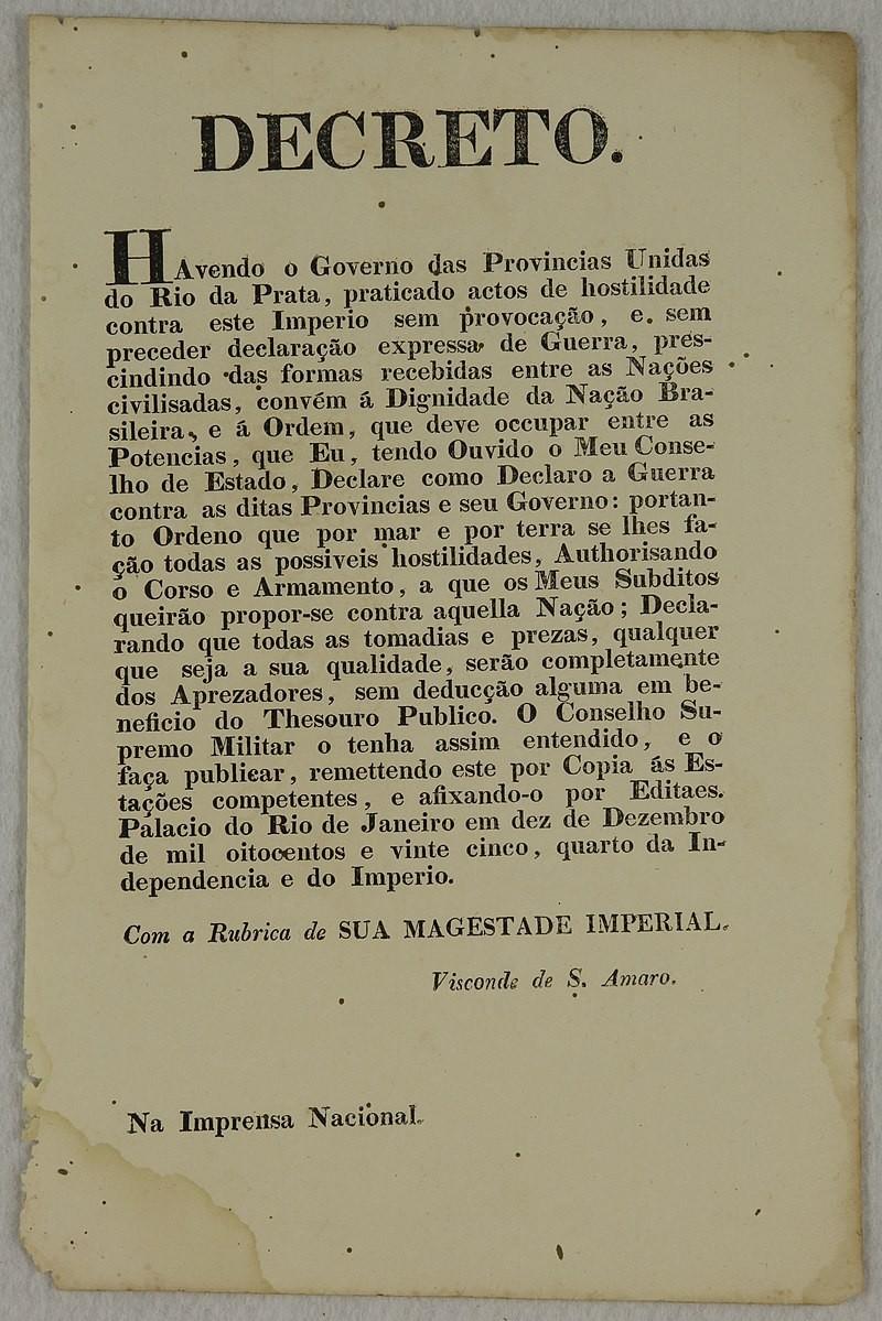 Reprodução do decreto declarando a guerra em nome do imperador brasileiro.