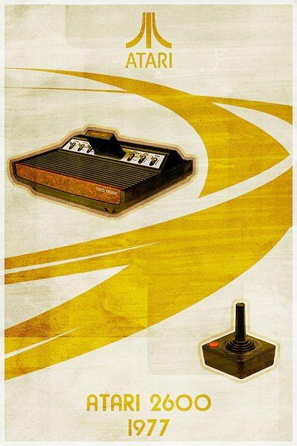 Poster vintage com o console do Atari 2600 de 1977, acompanhado de um controle