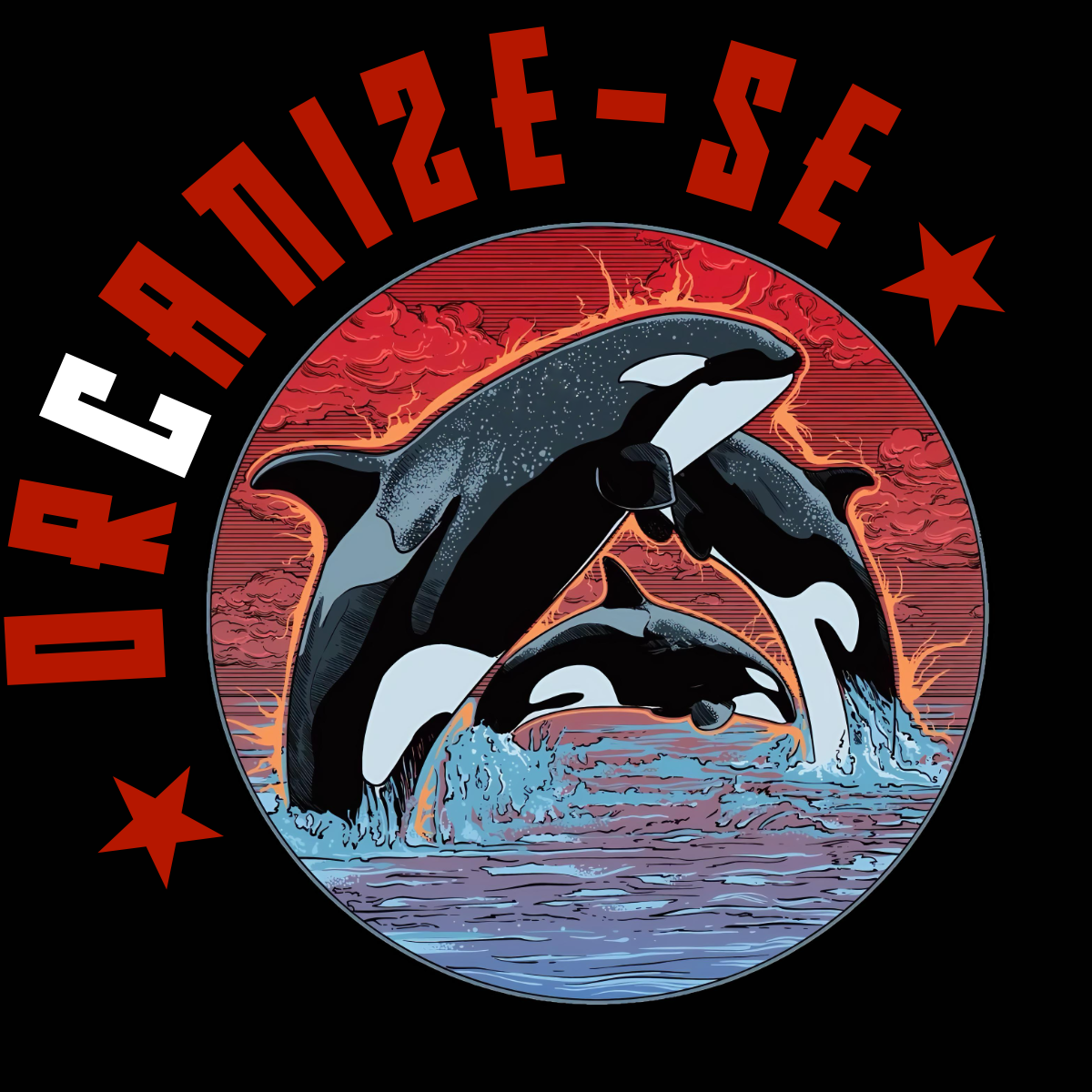 Desenho de 3 orcas saltando no mar, inscritas em um círculo, ao redor do qual está escrita a palavra ORCANIZE-SE, em letras vermelhas, e com a letra C em cor branca. A palavra está cercada por duas estrelas.