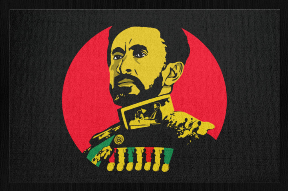 Ilustração da efígie de Haile Selassié com uniforme de gala e colagem com temas patrióticos e militaristas etíopes