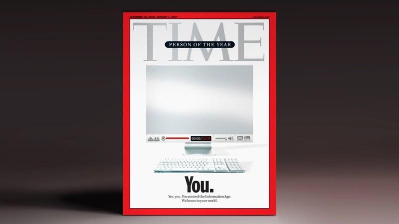 Capa da revista Time, edição especial Person of the Year, com o desenho de um computador e o título: You. Yes, you. You control the Information Age<br>Welcome to your world.