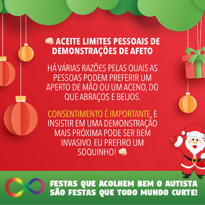 Banner com tema natalino, contendo o mesmo texto já apresentado no post, e o rodapé: Festas que acolhem bem o autista são festas que todo mundo curte!<br>