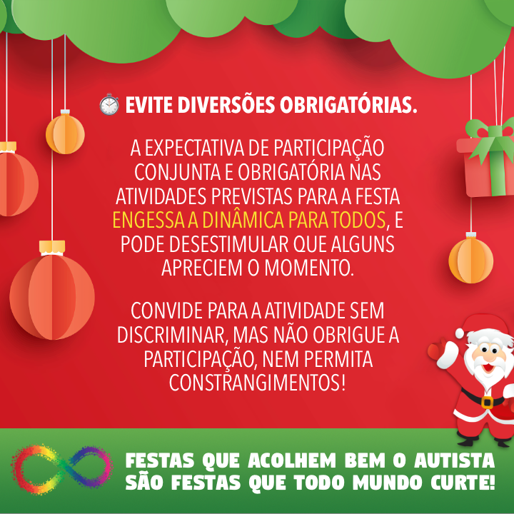 Banner com tema natalino, contendo o mesmo texto já apresentado no post, e o rodapé: Festas que acolhem bem o autista são festas que todo mundo curte!<br>