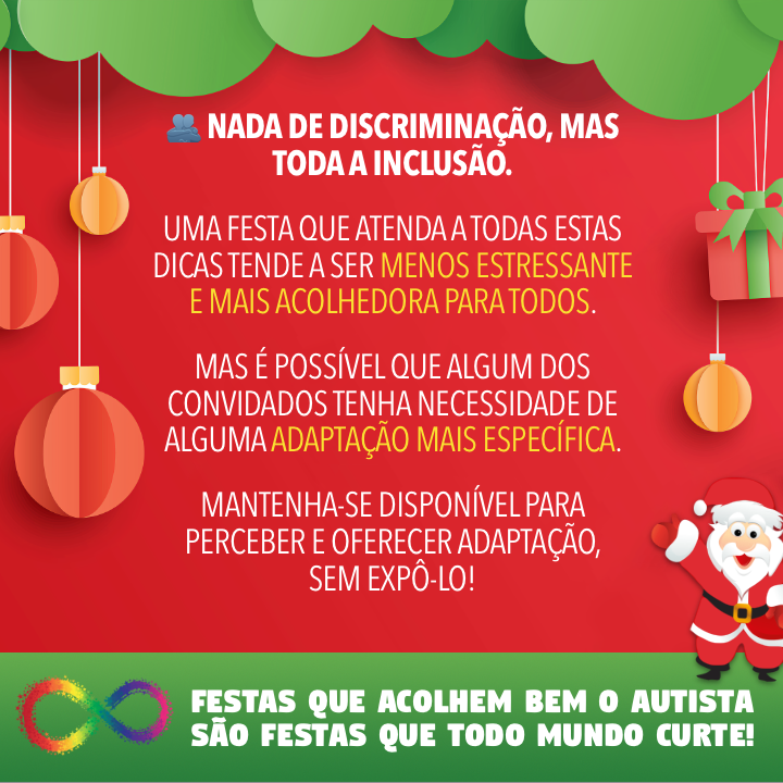 Banner com tema natalino, contendo o mesmo texto já apresentado no post, e o rodapé: Festas que acolhem bem o autista são festas que todo mundo curte!<br>