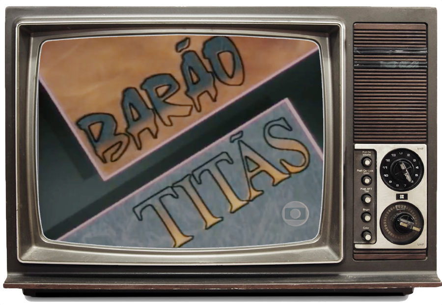 Aparelho de TV antigo mostrando a vinheta do especial Barão e Titãs, de 1988