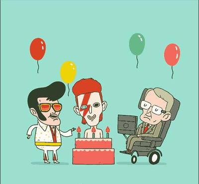 Ilustração com temática de aniversário mostrando Presley, Bowie e Hawking entre balões e um bolo