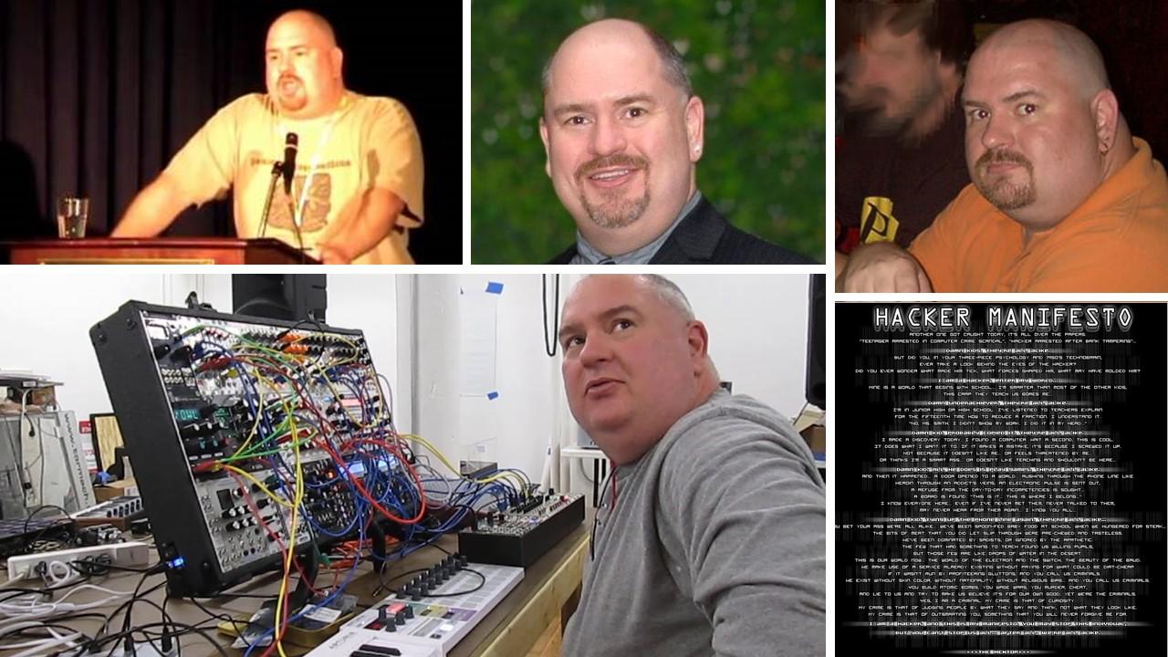 4 fotos de The Mentor em momentos distintos de suas atividades, e uma imagem com o texto do manifesto, ilegível, na forma originalmente publicada no Phrack.