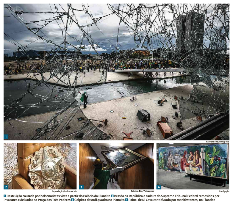 Fotos da capa da Folha no dia seguinte, mostrando a destruição, vista a partir de uma janela despedaçada na sede do Executivo, bem como um Brasão da República e uma cadeira do Supremo Tribunal Federal removidos por invasores e deixados na Praça dos Três Poderes, o momento em que um invasor destrói um quadro no Planalto, e um painel de Di Cavalcanti furado pelos invasores, também no Planalto.