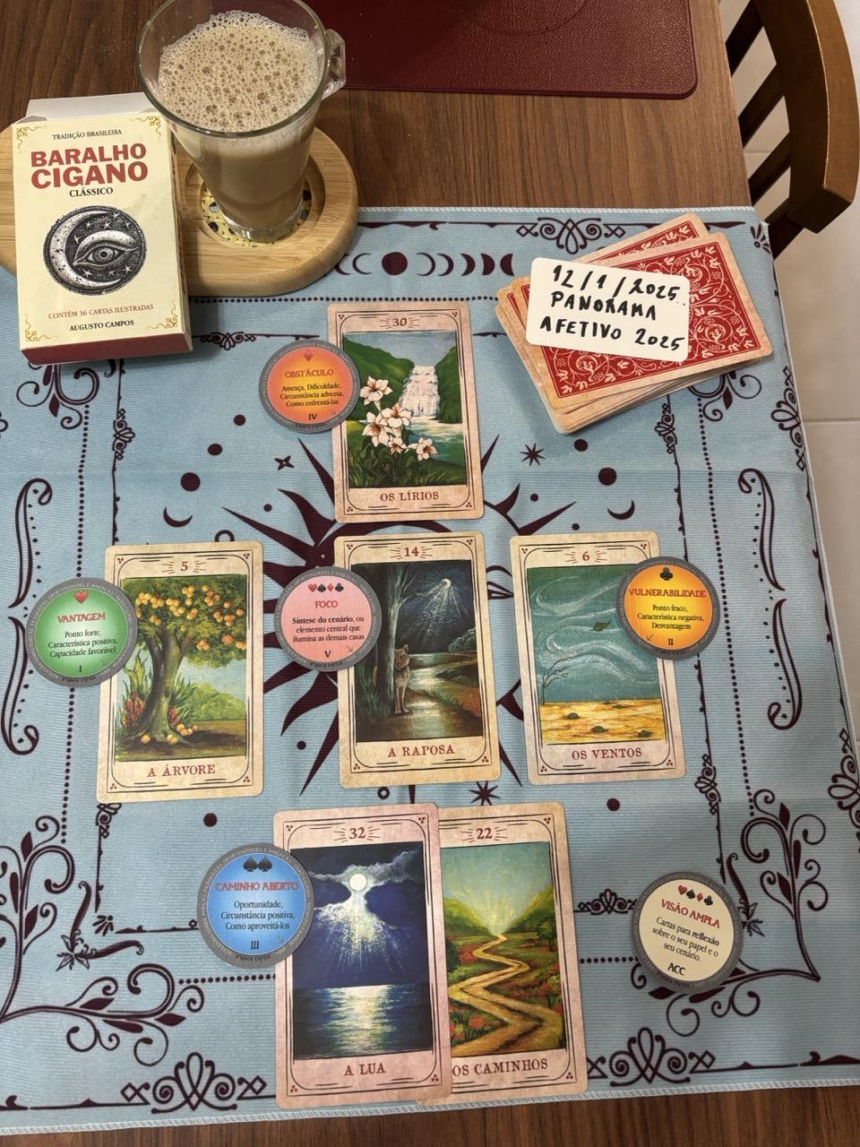Foto de 6 cartas do baralho cigano dispostas sobre a mesa numa tiragem do tipo Visão Ampla, com as casas ocupadas conforme segue: na casa VANTAGEM, a carta A Árvore; na casa VULNERABILIDADE, a carta Os Ventos; na casa CAMINHO ABERTO, a carta A Lua; na mesma casa, em posição de complemento, temos também a carta O Caminho; na casa OBSTÁCULO, a carta Os Lírios; na casa FOCO, a carta A Raposa;<br>