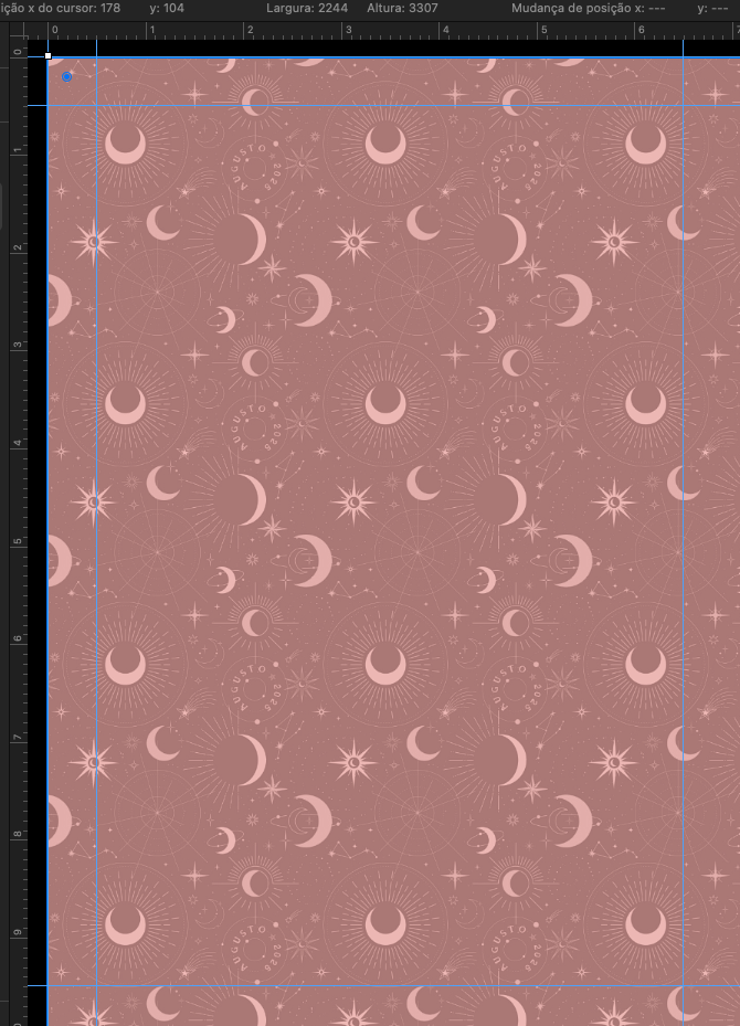 Print de tela do Pixelmator Pro mostrando um padrão repetitivo de luas, estrelas e outros símbolos celestes, com meu nome e ano de produção inseridos no padrão