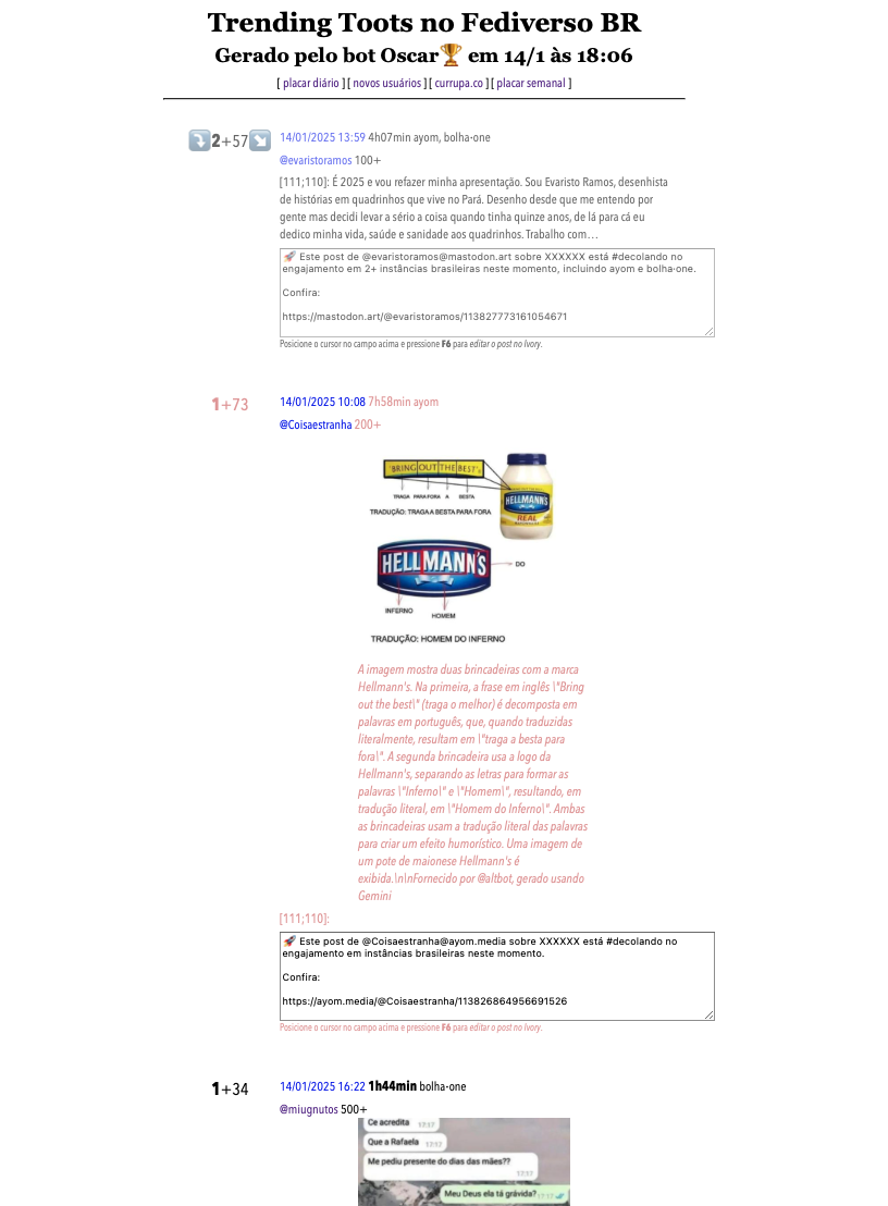 Print de um relatório gerado pelo bot do perfil TrendsBR, mostrando um toot sem anexo e um toot com uma imagem em anexo, bem como os controles que facilitam a minha edição da mensagem e o post no perfil.