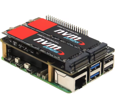 Foto promocional mostrando o X1004, um acessório que permite conectar duas unidades de armazenamento NVMe lado a lado, empilhado sobre um Raspebrry Pi modelo 5.